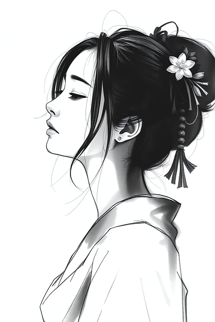 Kunst, Tegning, Kull, Japansk, Geisha