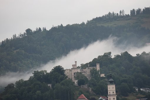 Schloss, Berg, Wald, Nebel, Panorama