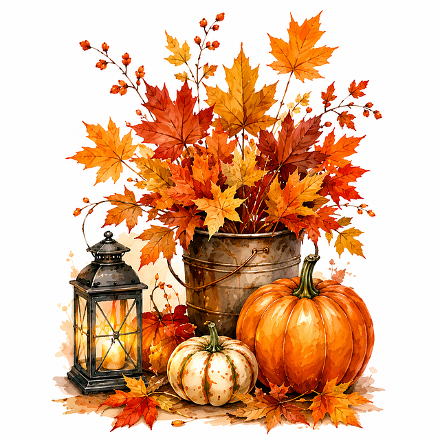 Herbst, Kürbis, Ahornblätter, Laterne