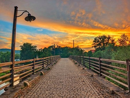 Lamp, Brug, Zonsondergang, Wolken
