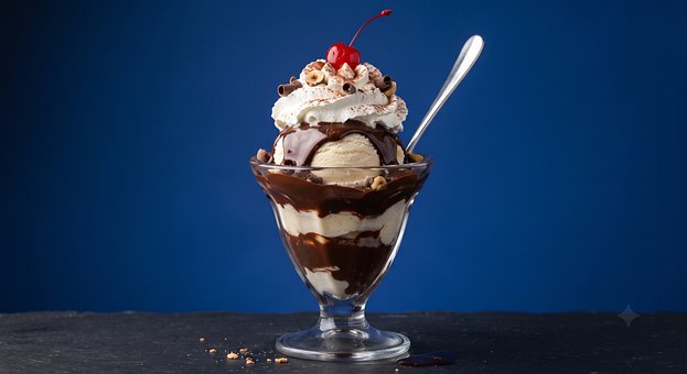 Eisbecher, Schokoladensirup, Schlagsahne