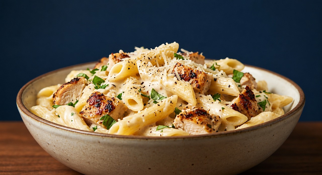 Chicken breasts in a creamy sun-dried tomato and parmesan sauce served over pasta