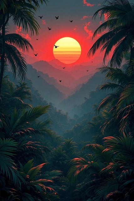 Natur, Solnedgang, Jungle, Træer, Bjerge
