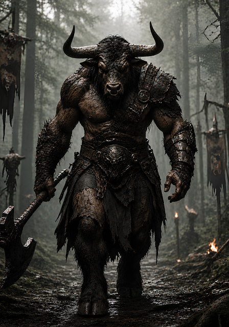 Minotaur, Monster, Skov, Tåge, Økse