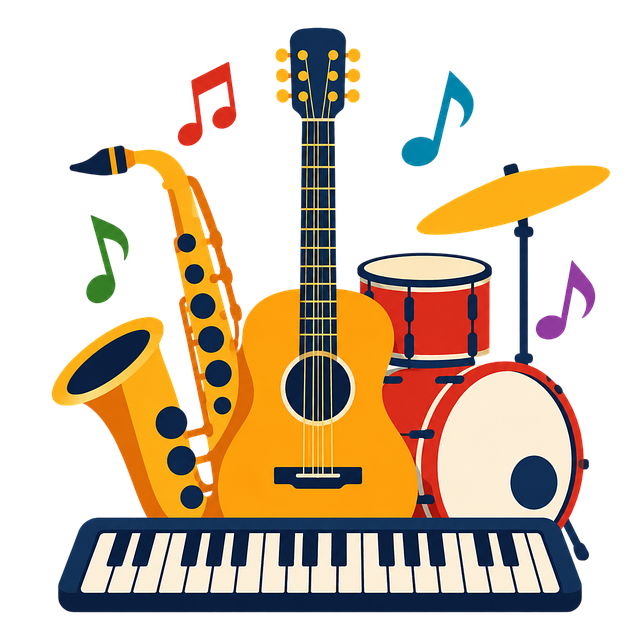 Gitarre, Saxophon, Schlagzeug, Klaviatur