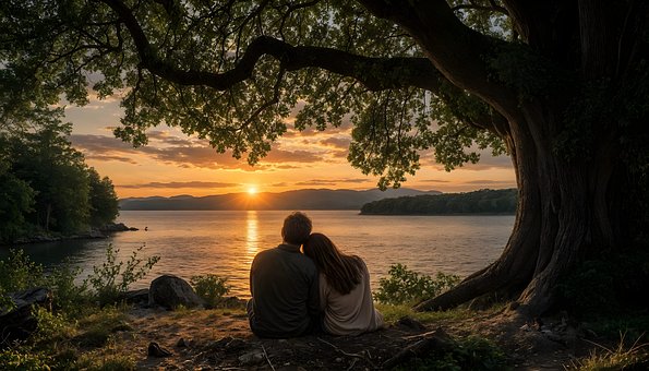 Solnedgang, Sø, Træ, Par, Romantik, Roen