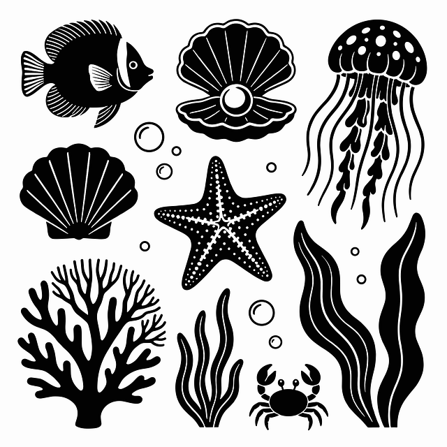 Free marine life silhouettes shrimp jellyfish illustration