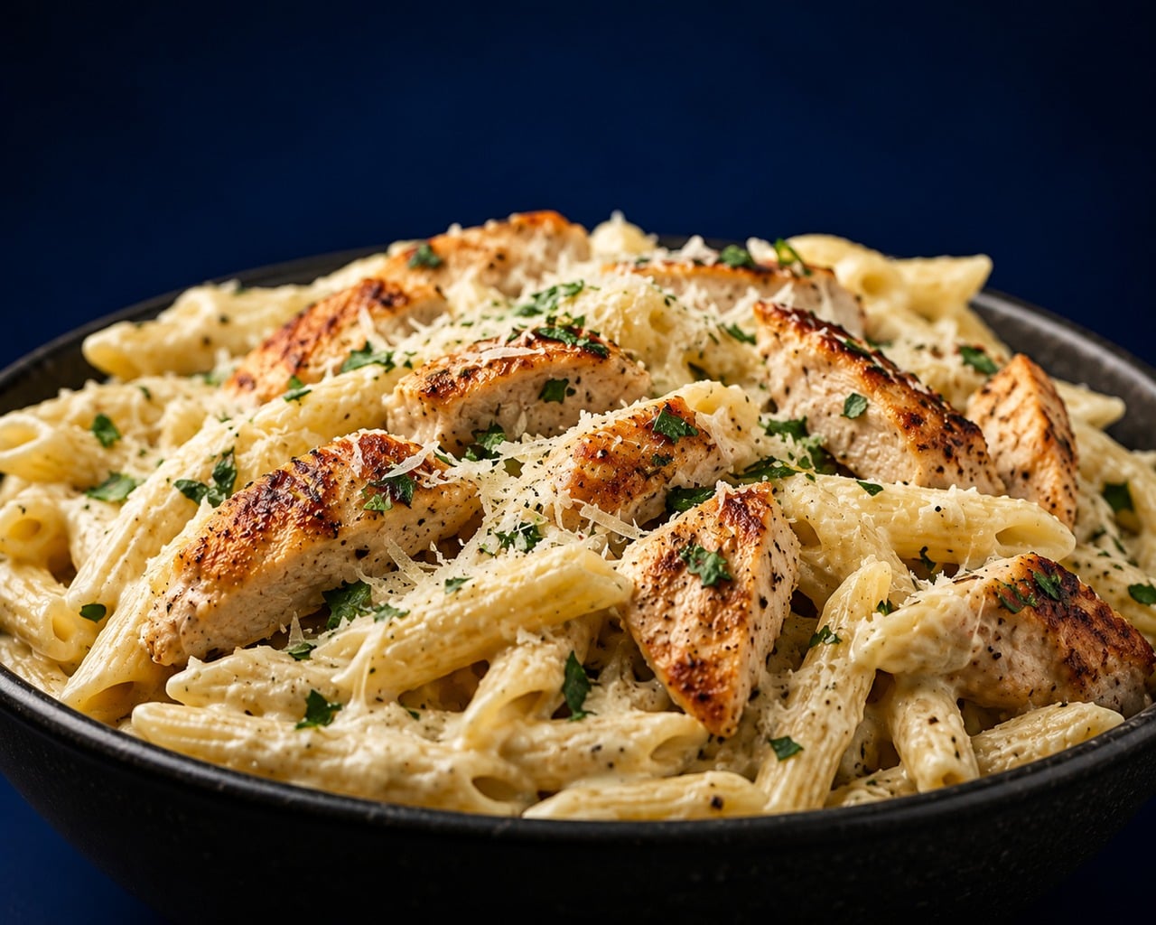 Close-up of penne pasta with seared Cajun chicken strips and cream sauce in a dark bowl