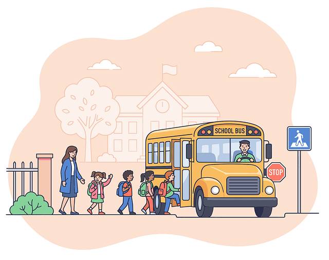 Free school bus kids boarding back to school illustration