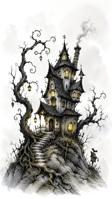 Gotisch Huis, Spookhuis, Inkt Tekening