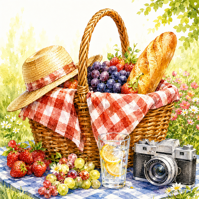 Free picnic picnic basket fruit illustration