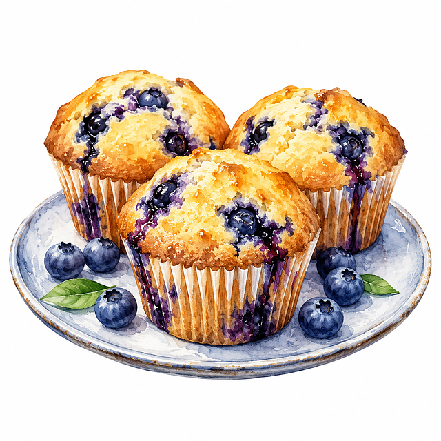 Free blueberry muffin watercolor illustration white plate illustration