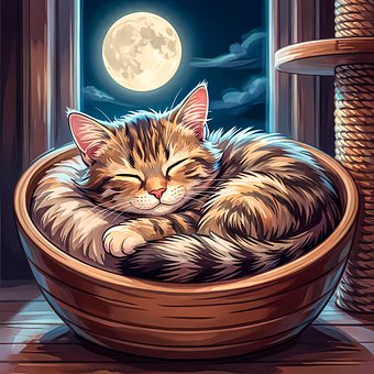 Tegnet Kat, Sød Illustration, Kat, Kurv