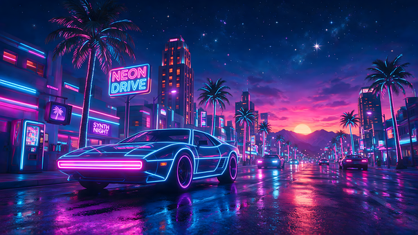 Retro, Neon, Palm, Stedelijk Landschap