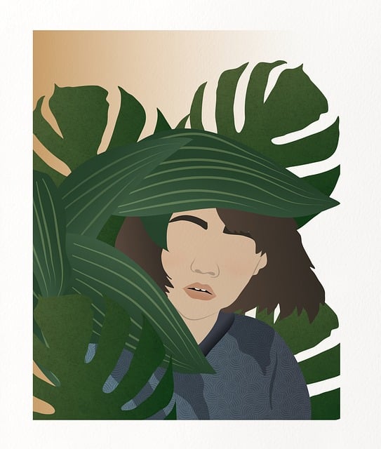 Kvinde, Monstera, Portræt, Blade, Kunst