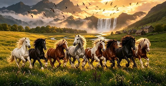 Pferde, Wasserfall, Berge, Vögel, Feld