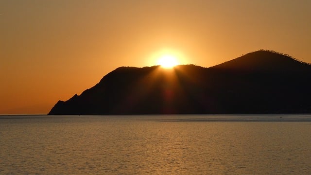 Sonnenuntergang, Berge, Meer, Silhouette