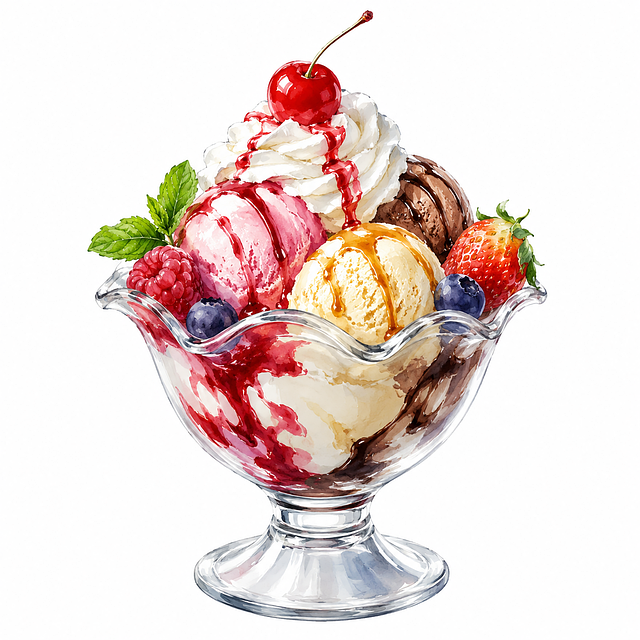 Free ice cream sundae whipped cream cherry illustration