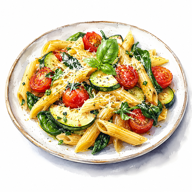 Pasta, Calabacín, Albahaca, Tomates
