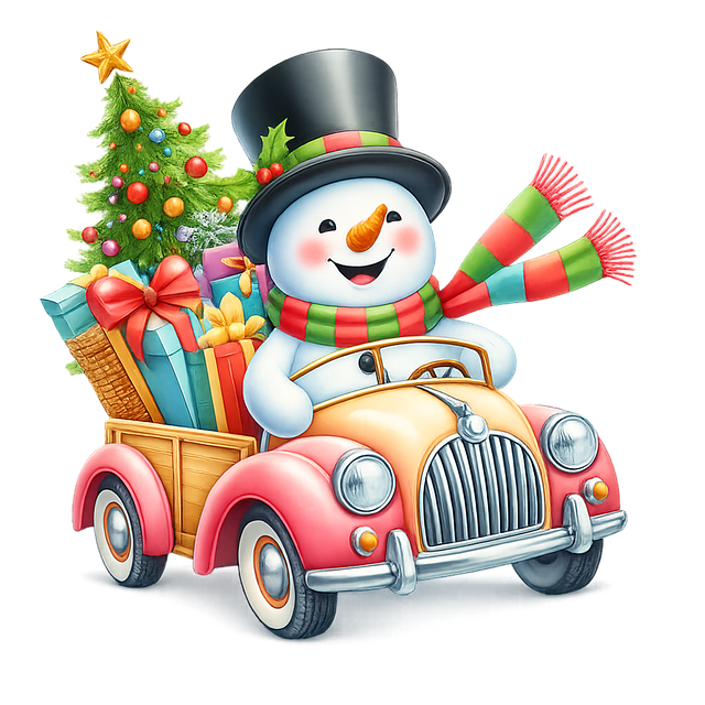 Tekenfilm, Schattig, Sneeuwman, Auto