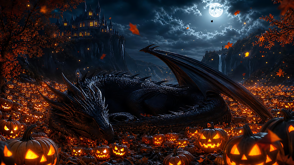 Drage, Halloween, Gresskar, Måne
