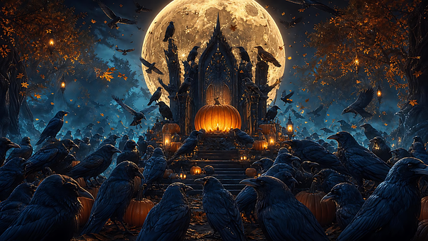 Halloween, Kråker, Gresskar, Måne