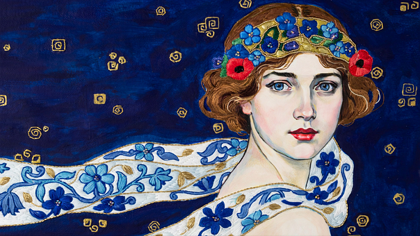 Frau, Blumen, Kunst, Porträt, Blau