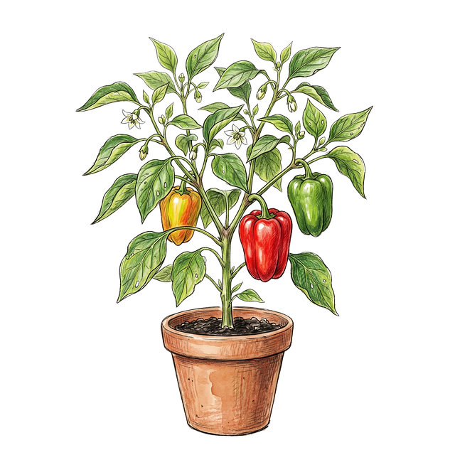 Free pepper plant red and yellow peppers terracotta pot illustration