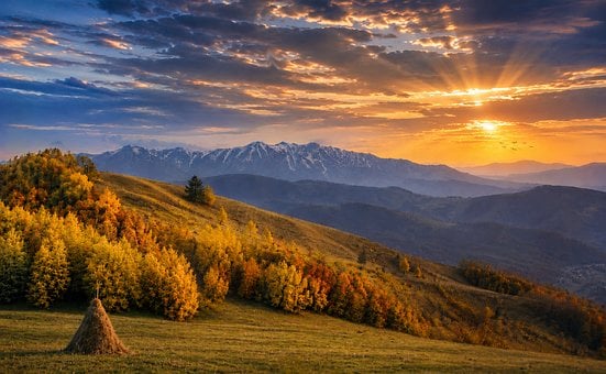 Krajina, Západ Slunce, Hory, Louka