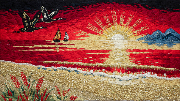 Stickerei, Sonne, Roter Himmel, Vögel