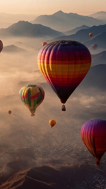 Varmluftsballon, Bjerge, Solopgang, Tåge