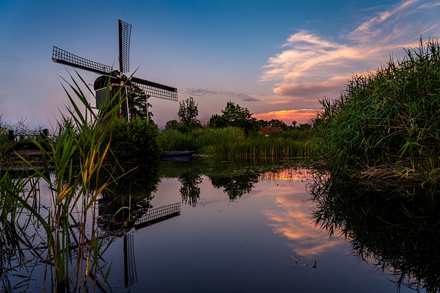 Mølle, Solnedgang, Refleksion, Natur