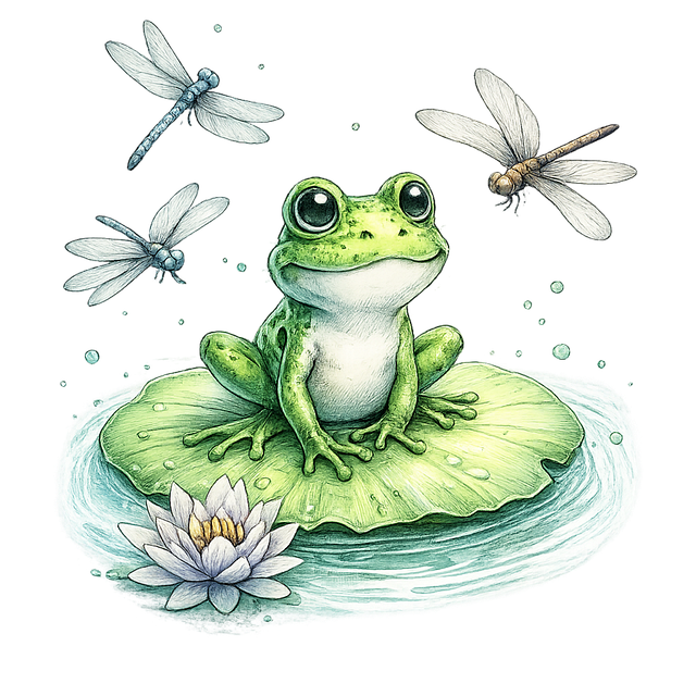 Free frog dragonfly water lily illustration