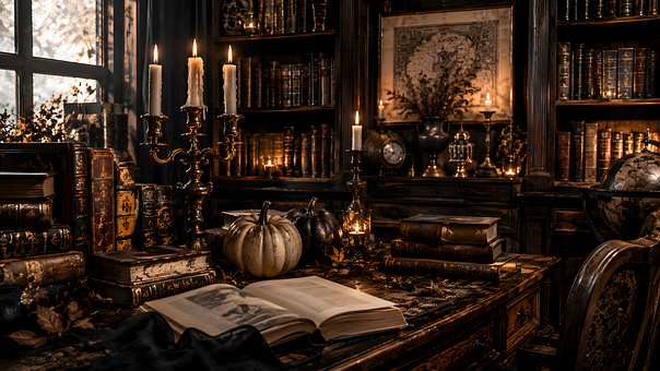 Bibliothek, Bücher, Lesen, Kürbis, Kerze