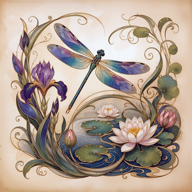 Free dragonfly iris waterlily illustration