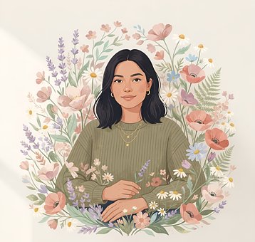 Vrouw, Portret, Bloemen, Pastel