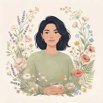 Vrouw, Portret, Bloemen, Geïllustreerd