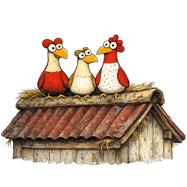 Free whimsical chickens roof illustration