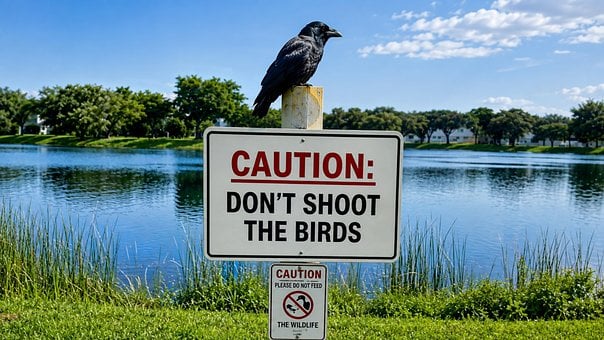 Vogel, Schild, See, Baum, Warnung, Natur