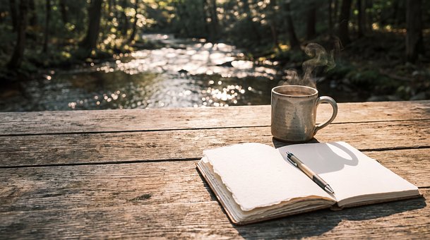 Natur, Notesbog, Kaffe, Skov, Flod, Bord