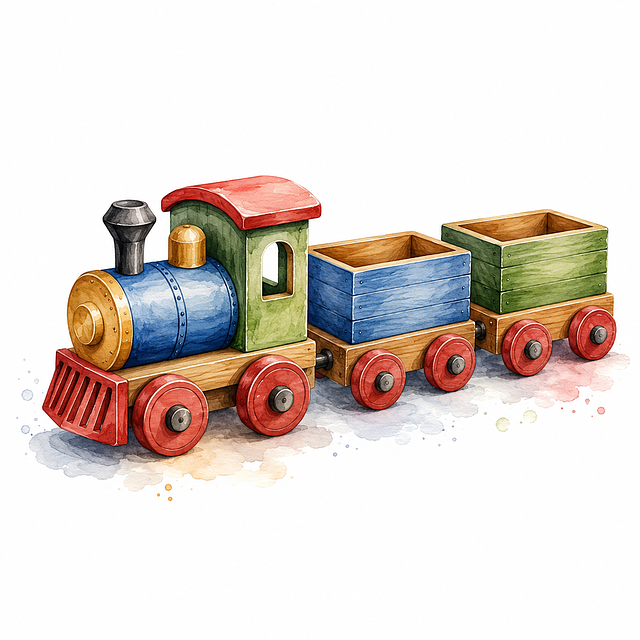 Free wooden train toy locomotive colorful carriages illustration