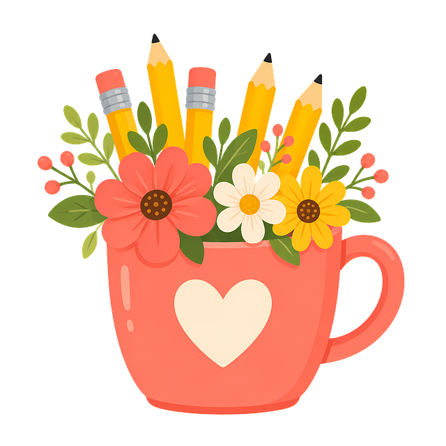 Free coral mug pencil holder flower bouquet illustration
