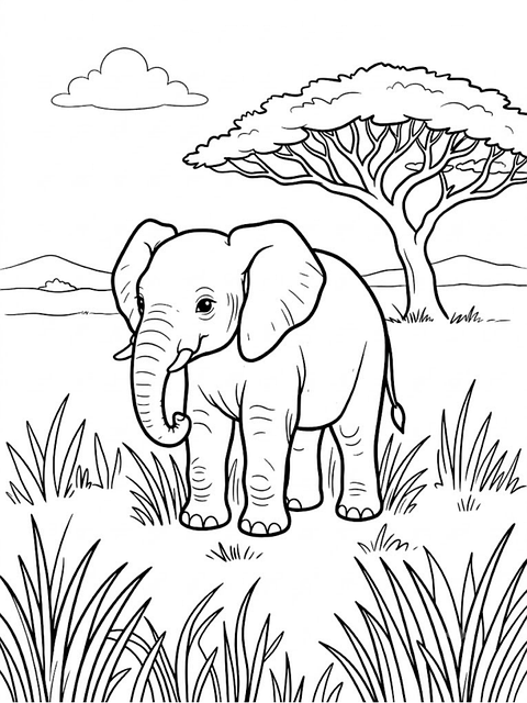 Elefant, Akasie, Savanne, Natur, Tegning