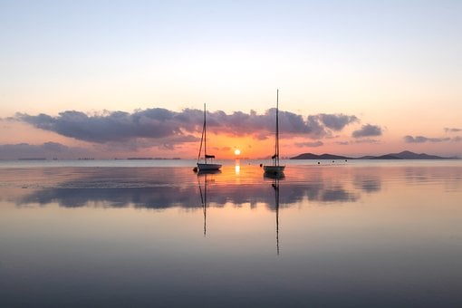 Sø, Refleksion, Solopgang, Båd, Rolig