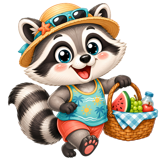 Free cute raccoon picnic basket summer picnic illustration
