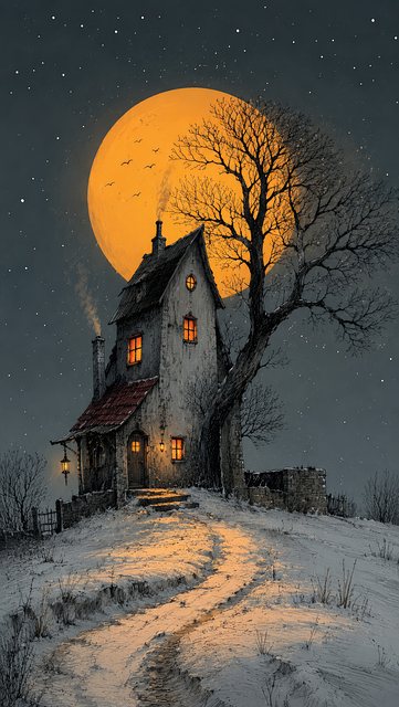 Free winter cottage full moon night harvest moon illustration