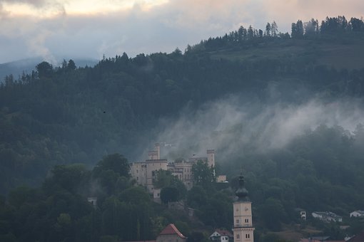 Schloss, Nebel, Wald, Berg, August, Grün
