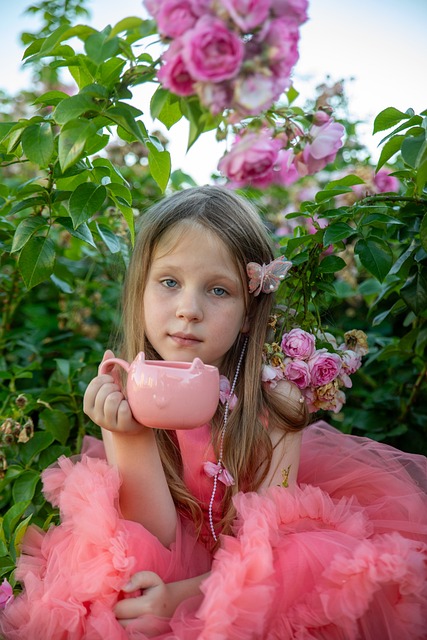 Menina, Rosa, Xícara, Flores, Natureza