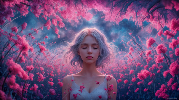 Frau, Rosa Blumen, Geschlossene Augen