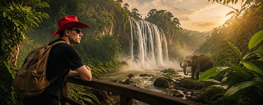 Cachoeira, Elefante, Homem
